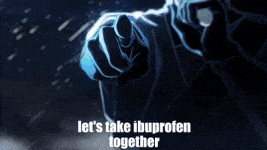 a blue haired anime character says " let 's take ibuprofen together " in a dark room