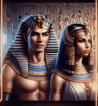 a man and a woman are standing next to each other in front of a wall with hieroglyphs