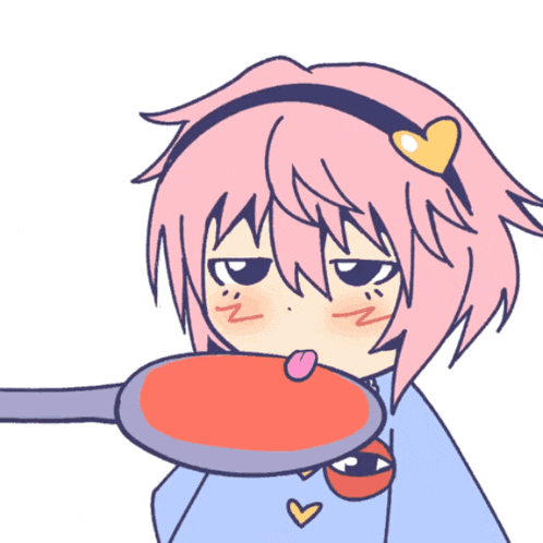 a cartoon of a girl with pink hair holding a spoon
