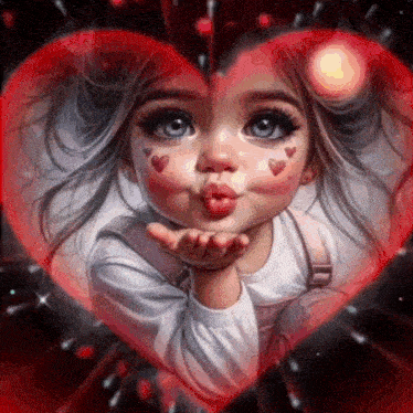 a little girl blowing a kiss in front of a heart shaped frame