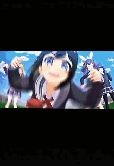 a group of anime girls are standing on a grassy field