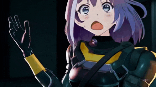 a girl with purple hair and blue eyes is wearing a black and yellow suit