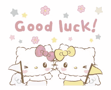 a couple of hello kitty characters holding flags and the words good luck
