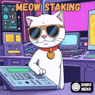 a cartoon of a cat wearing sunglasses and a collar with the words meow staking above it