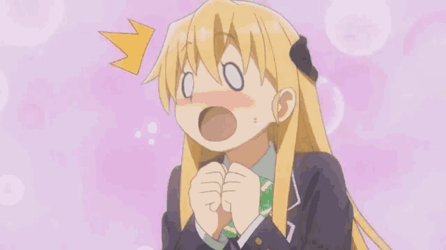 a blonde anime girl is making a funny face with her mouth open and her hands on her chest .