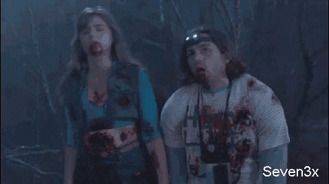 a group of zombies with blood on their faces are walking in a dark forest with the caption seven3x