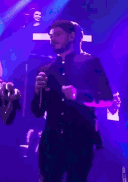 a man with a beard is singing into a microphone