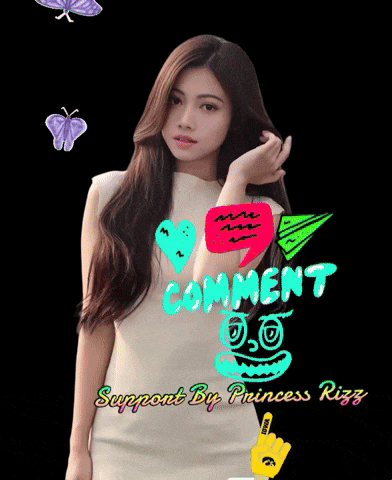 a woman in a white dress stands in front of a black background with the words comment support by princess rizz