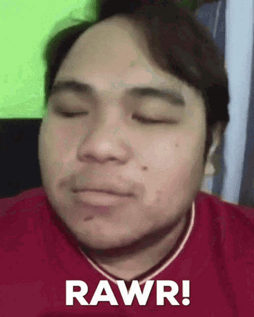 a man in a red shirt is making a funny face with his eyes closed and the words rawr written on his face .
