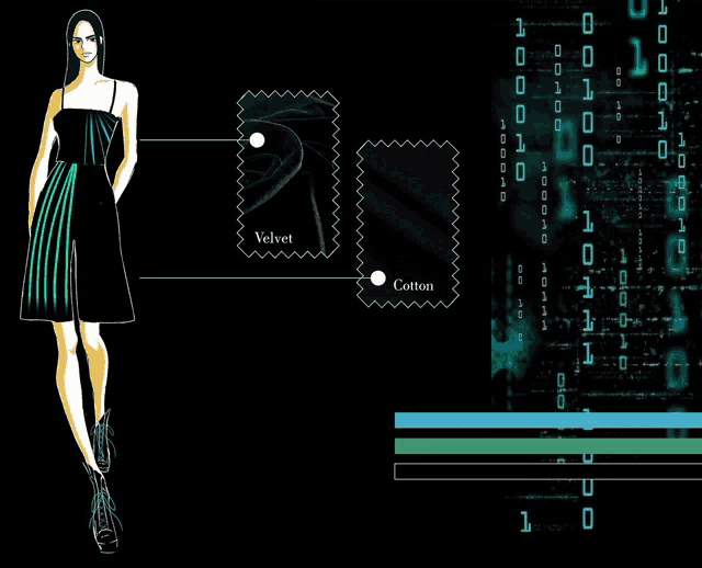 a drawing of a woman in a black dress with velvet and cotton
