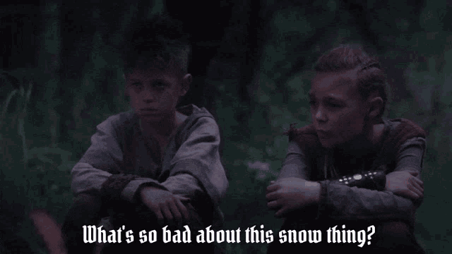 two boys are sitting in the woods with the words " what 's so bad about this snow thing "