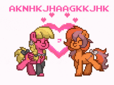 a pixel art of two ponies standing next to each other with aknhkjhaaagkkjhk written above them