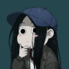 a cartoon girl wearing a blue hat and a question mark on her forehead .
