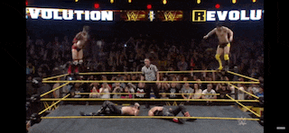 wrestlers in a ring with a sign that says ' evolution ' on it