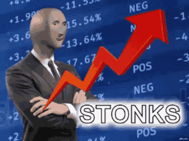 a man in a suit and tie is standing in front of a stock chart with the word stonks on it
