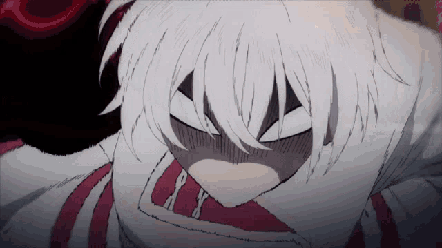 a drawing of a person with white hair and a red stripe on their shirt