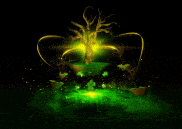 a tree with a lot of branches is surrounded by other trees and a green light