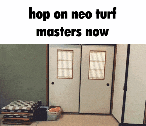a picture of a room with the words hop on neo turf masters now on it