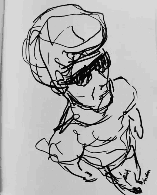 a black and white drawing of a person wearing sunglasses