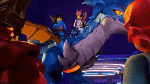 a group of lego ninjago characters are standing next to a blue dragon .