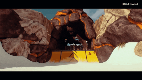 a video game screen shows a cave and the words ubi forward