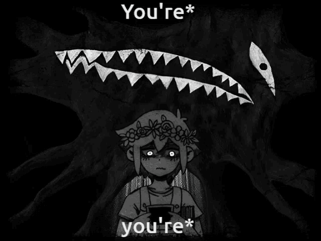 a black and white drawing of a girl with a flower crown and the words " you 're * you 're * " above her