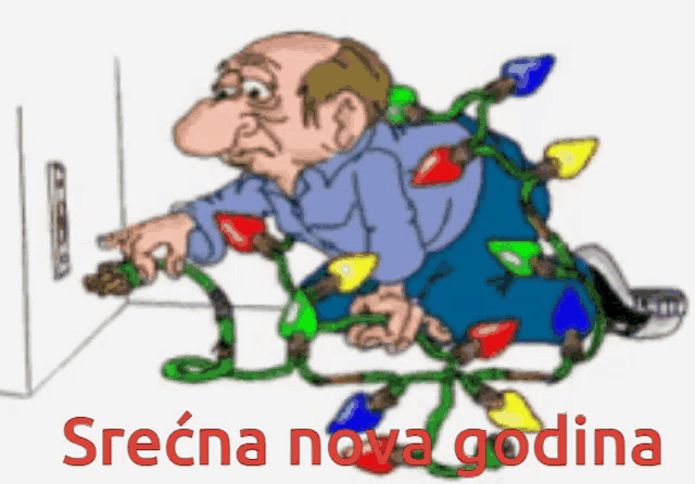 a cartoon of a man with christmas lights on his back and the words srecna nova godina below him