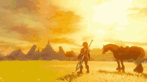 a man standing next to a horse in a field