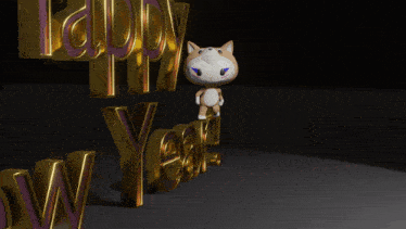 a 3d rendering of a cat standing in front of the word happy new year