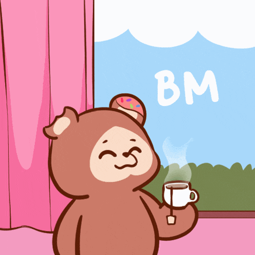 a cartoon of a bear holding a cup of coffee