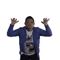 a man wearing a blue jacket and a white shirt is dancing with his arms in the air .