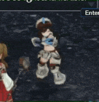 a girl in a knight costume is standing in a video game with a blue enter button in the corner