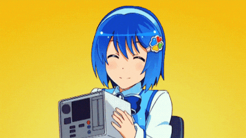 a girl with blue hair is holding a device