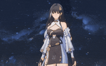 a girl with long black hair is standing in front of a blue background