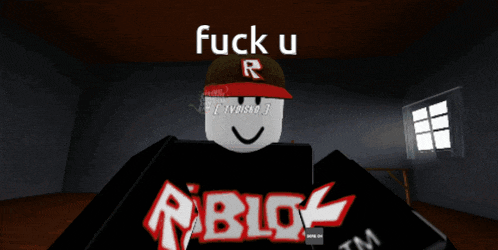 a roblox character is wearing a hat that says fuck u r