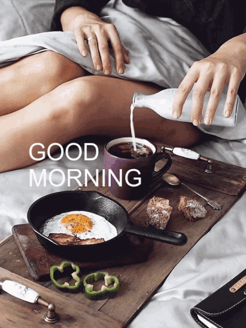 a woman is pouring milk into a cup of coffee and the words good morning are above her