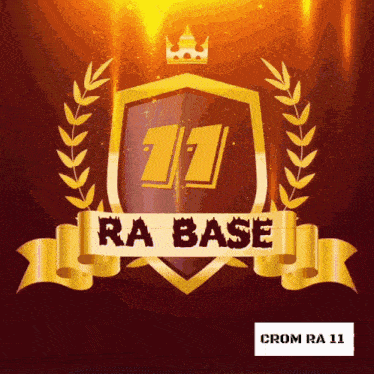 a logo for ra base with a crown and laurel wreath on a red background