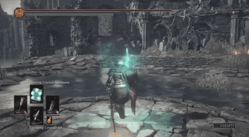 a screenshot of a video game shows a person holding a sword and a focusing crystal