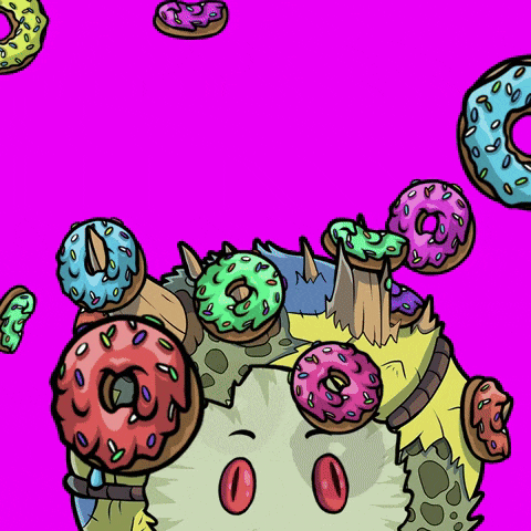 a cartoon drawing of a monster surrounded by donuts on a purple background