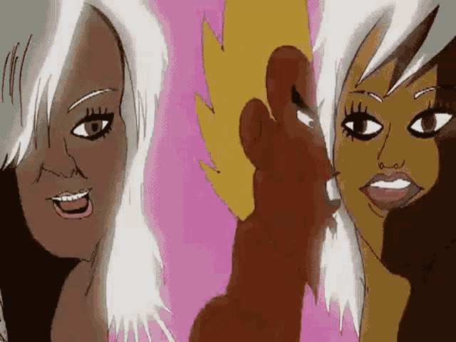 a cartoon drawing of three women with different skin tones standing next to each other
