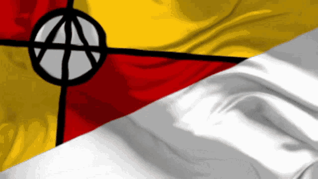 a yellow red and white flag with a black cross in the center