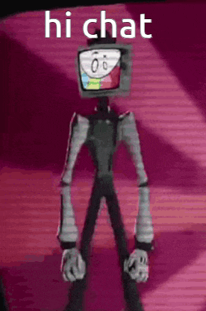 a cartoon character with a tv head and the words hi chat above it