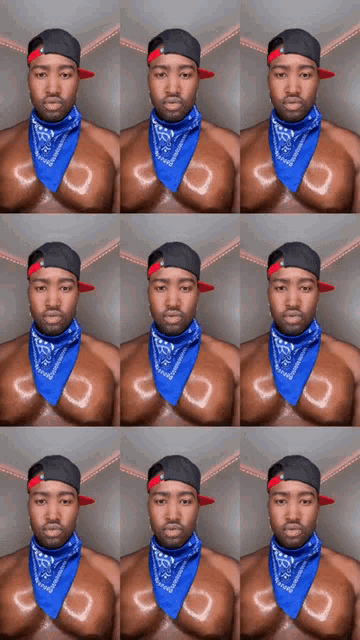 a shirtless man wearing a blue bandana and a baseball cap