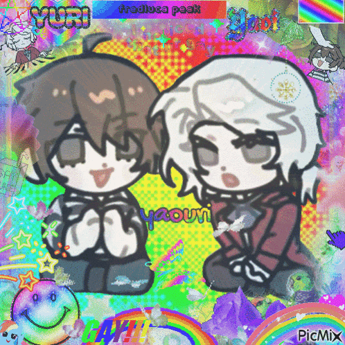 a picture of a boy and a girl with a rainbow in the background and the words picmix on the bottom