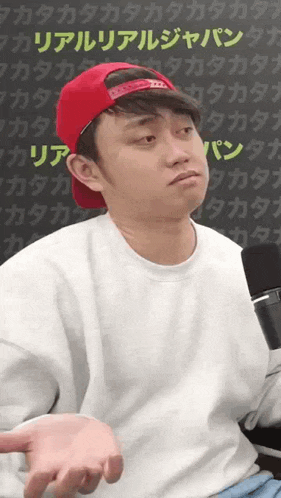 a man wearing a red hat and a white sweater is talking into a microphone ..