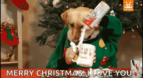 a dog is pouring milk into a mug with the words merry christmas i love you on the bottom