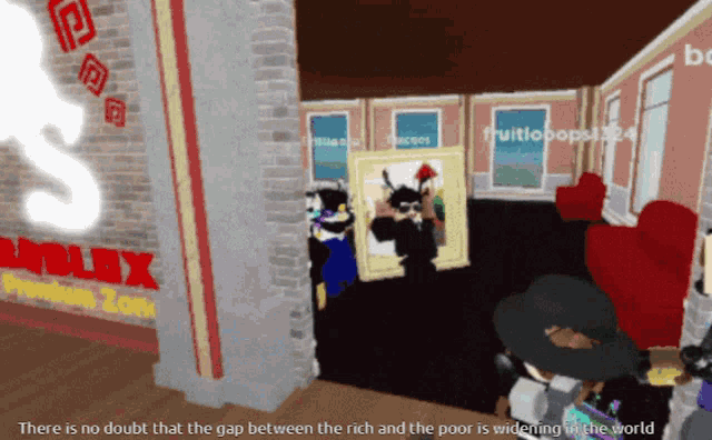 a cartoon drawing of a room with a sign that says roblox premium zone
