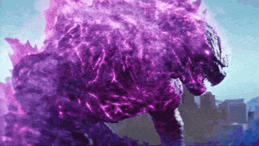 a purple monster with glowing eyes is standing in front of a city skyline .