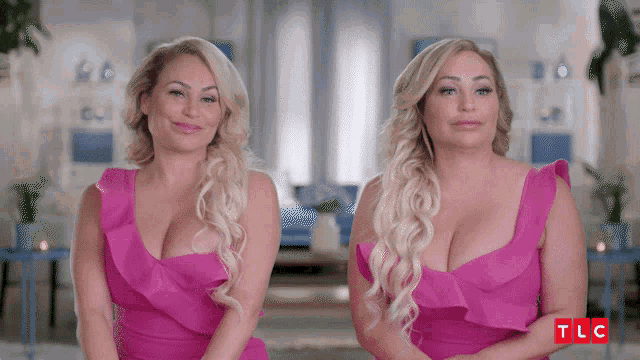 two women in pink dresses are sitting next to each other and the letters tlc are on the bottom right