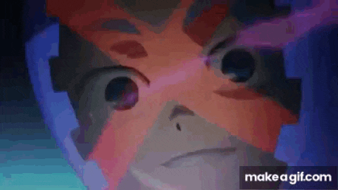 a close up of a cartoon character 's face with a purple eye and a red eye .